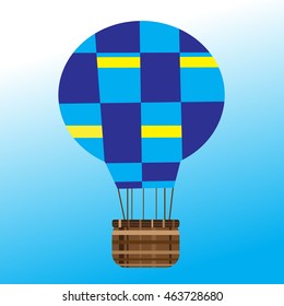 Balloon. The pattern is gleam. Brown basket. Blue background. Ball in the sky.