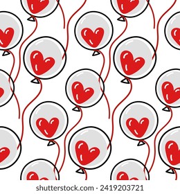Balloon pattern is made in the shape of a heart inside a circle. Cute balloons in a seamless vector drawing. Festive accessory for Valentine's Day. Hand-drawn drawings. Festive black, red for printing