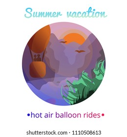 Balloon with people flies to meet sunset and evening mountains, a lake below.Modern flat cartoons vector illustration icons.Isolated on white.Hot air ballon rides.Summer holiday, vacation.