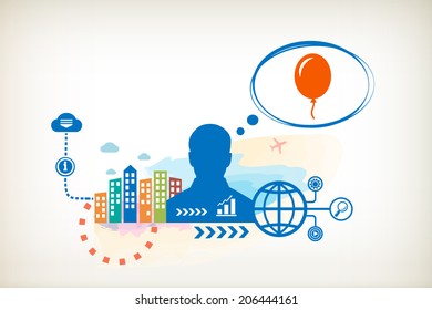 Balloon and person with bubbles for dialogue. Think and decide.