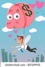 balloon piggy bank  lifting a businessman like flying Financial freedom concept, illustration  