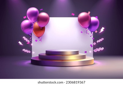 balloon podium present, celebrate happy birthday, gold platform banner. Vector illustration