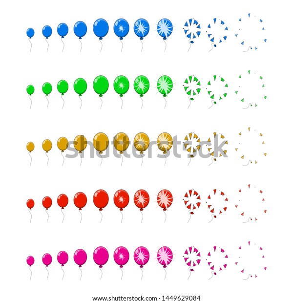 バルーンポップ 爆発 バーストアニメーションステップ 白い背景にフレーム のベクター画像素材 ロイヤリティフリー