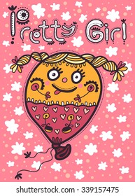 The balloon with a portrait of a pretty girl with pigtails and text Pretty Girl, flies in the pink sky among white clouds.