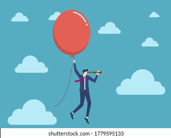  globo empuja a los empresarios a buscar en el aire. empresario con ilustración vectorial del tellescopio de uso de lúpulo