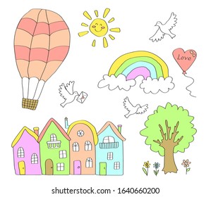 Balloon and rainbow on a white background. Collection. Cartoon. Vector illustration.