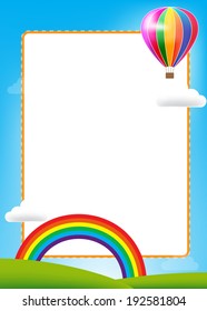 Balloon and rainbow with text box on blue sky background