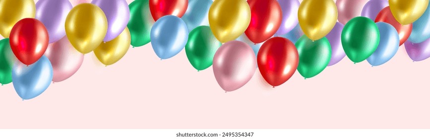 Balloon realistic border template for birhday greeting cards, holidays. Creative vector glossy helium balloons. Happiness concept