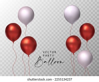 Balloon red white party set isolated on transparent background. Vector realistic 3d celebration birthday glossy gift