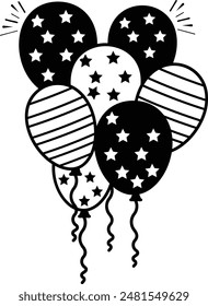 Balloon release ceremonial event vector icon, US Independence Day symbol, USA federal holiday sign, Memorial Patriot Day illustration, 4th of July American Air Balloon with stars String concept