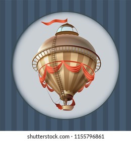 Balloon retro blimp ship with flag greeting card frame. Vector illustration