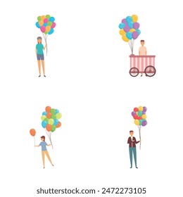 Balloon sale icons set cartoon vector. Man and woman selling colorful balloon. Street selling