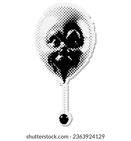 Balloon with scary clown face - Halloween halftone mixed media collage paper sticker. Dotted Vintage illustration in 90s zine Paper piece style.