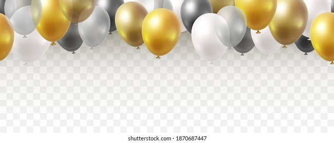 Balloon Seamless Border Isolated On Transparent Background. Vector Realistic Gold, Golden Bronze, Silver, White And Black Festive 3d Helium Baloons Banner For Anniversary, Birthday Party Design