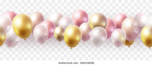 Balloon Seamless Border Isolated On Transparent Background. Vector Realistic Gold, Pink, Bronze, Golden Rose, White And Silver Festive 3d Helium Balloons For Anniversary, Birthday Party Design