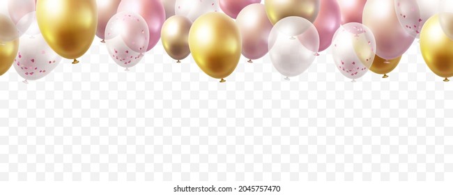 Borde sin soldadura de globo aislado sobre fondo transparente. Globos vectoriales realistas de oro, rosa, bronce, rosa dorada, blanco y plata festivos de helio 3d para aniversario, diseño de fiesta de cumpleaños