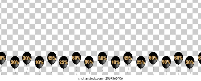 Ballon nahtlose Grenze einzeln auf transparentem Hintergrund. Schwarze Ballons mit 50,10,90,15,25,60 Prozent Rabatt. Werbung, Verkauf.Sonderangebot.Goldene Zahlen auf schwarzen Blasen.Schwarze Freitagsballons.
