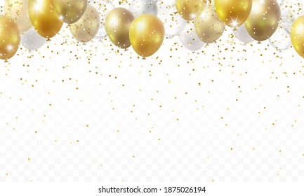 Balloon seamless border with shiny gold glitter and confetti isolated on transparent background. Vector realistic golden festive 3d helium baloons banner for anniversary, birthday party design