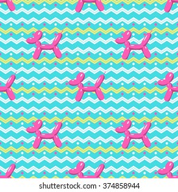 Balloon seamless pattern, beautiful colorful puppy illustration. Vector inflatable dog balloon for festival celebration. Animal background for children and family. Flat happy baby birthday design.
