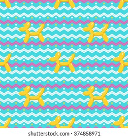 Balloon seamless pattern, beautiful colorful puppy illustration. Vector inflatable dog balloon for festival celebration. Animal background for children and family. Flat happy baby birthday design.