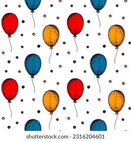 Balloon seamless pattern. Colorful hand drawn background in sketch style. Birthday celebration design. Vector illustration. Design for holiday event, carnival invitation, greeting card