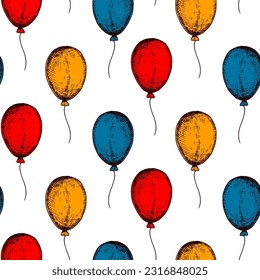 Balloon seamless pattern. Colorful hand drawn background in sketch style. Birthday celebration design. Vector illustration. Design for holiday event, carnival invitation, greeting card