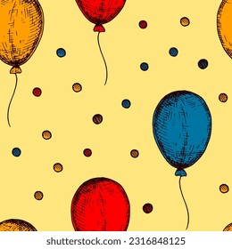 Patrón sin soldadura de globo. Fondo colorido dibujado a mano en estilo boceto. Diseño de la celebración del cumpleaños. Ilustración vectorial. Diseño para eventos de vacaciones, invitación al carnaval, tarjeta de saludo
