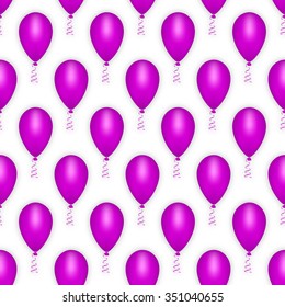 Balloon seamless pattern happy birthday party, holiday decoration carnival festival design background wrapping paper. Streamer ribbon spiral. Color purple. Vector illustration