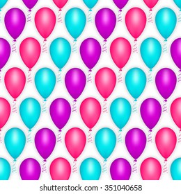 Balloon seamless pattern happy birthday party, holiday decoration carnival festival design background wrapping paper. Streamer ribbon spiral. Color blue purple pink. Vector illustration