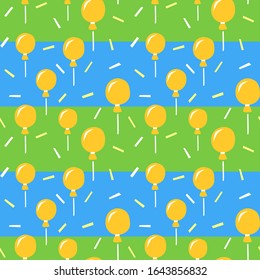balloon seamless pattern with sprinkles filling for boy Birthday party decoration. Festive clipart on a green and blue background. Striped repeating design for gift bag, wrapping paper print.