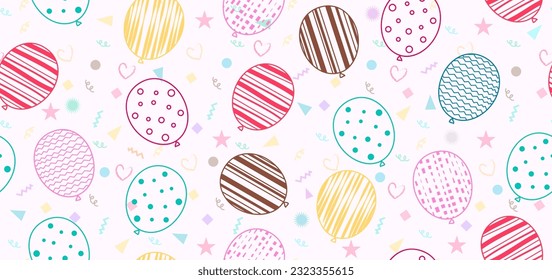 Balloon seamless vector design. Birthday balloons in colorful hand drawn elements for gift wrapper background. Vector illustration endless pattern decoration.