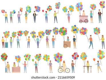 Balloon seller icons set cartoon vector. Buyer child. Amusement salesman