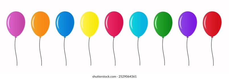 Balloon. A set of balloons for birthday and party. A flying balloon with a rope. Orange, blue, red, yellow and green balls on a white background. A flat icon for celebration and carnival. Vector i