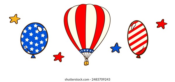Balloon set. Balloon with basket and balloons colored in USA flag symbols for decorating, posters, invitations, menus, banners. US Independence Day elements 4th of July