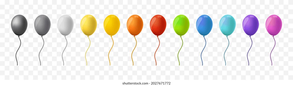 Balloon set. Beautiful realistic balloons of black, gold, red, white, blue and green on transparent horizontal background. Design elements for greeting cards and banners. Cartoon vector collection