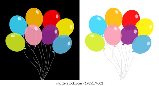 Balloon set. Bunch of balloons. Colorful transparent helium toy on string thread. Flying through the air, sky. Flat design. Isolated. White and black background. Vector illustration