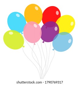 Balloon set. Bunch of balloons. Colorful transparent helium toy on string thread. Flying through the air, sky. Flat design. White background. Isolated. Vector illustration