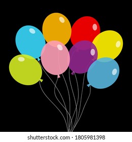 Balloon set. Bunch of balloons. Colorful transparent helium toy on string thread. Flying through the air, sky. Flat design. Black background. Isolated. Vector illustration