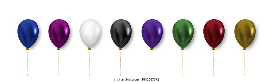 Balloon set for decoration. Realistic vector clipart.  Multicolored balloons with gold ribbon and bow isolated on white background.