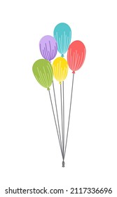 Juego de globos. Volando coloridos globos con cuerdas para fiesta, Pascua, cumpleaños. Multicolorizado. Plano, caricatura. Ilustración aislada del material vectorial eps 10 en fondo blanco