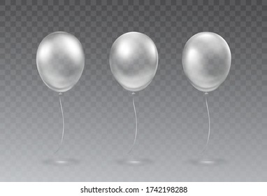 Conjunto de globos aislados en fondo transparente. Billones de helio 3d translúcidos, blancos o plateados. Aniversario, diseño de elementos de fiesta de cumpleaños