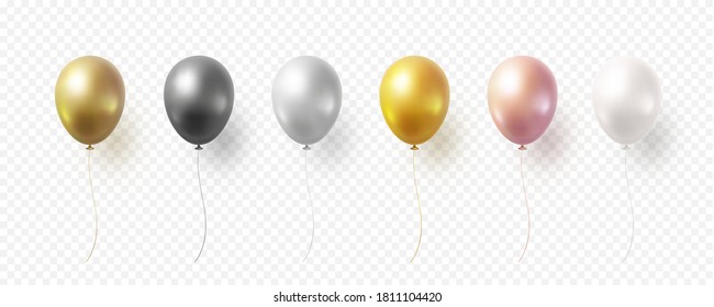 Balloon set isolated on transparent background. Vector realistic gold, bronze, golden rose, silver, white and black festive 3d helium balloons template for anniversary, birthday party design