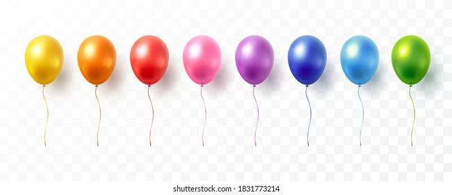 Conjunto de globos aislados en fondo transparente. Vector realista dorado colorido y festivo plantilla de globos de helio 3d para aniversario, diseño de fiesta de cumpleaños