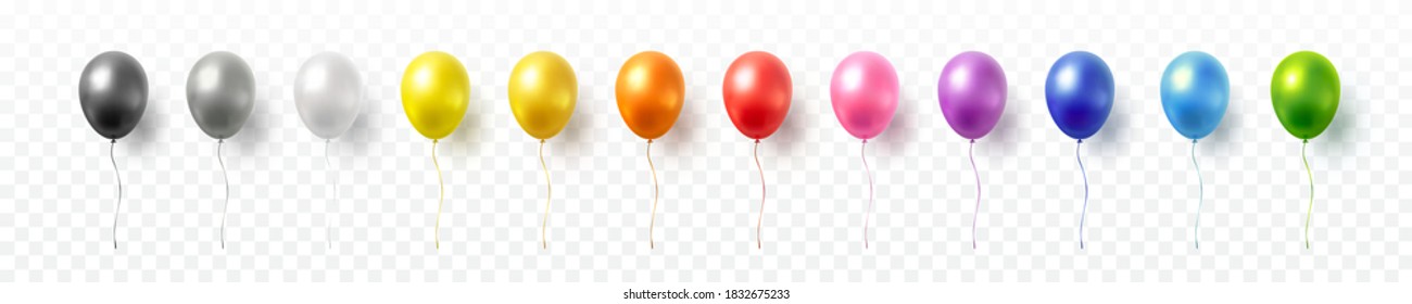 Balloon set isolated on transparent background. Vector realistic gold, silver, white, golden colorful and black festive 3d helium balloons template for anniversary, birthday party design