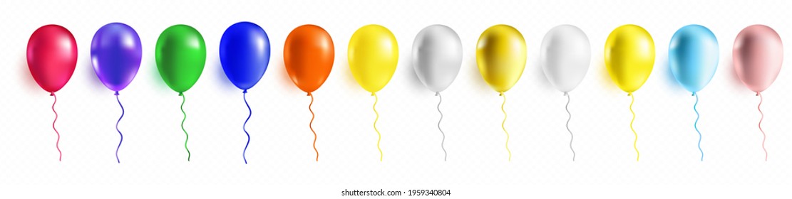 Balloon set isolated on transparent background in different colors. Realistic helium ballon collection templates. Vector illustration.