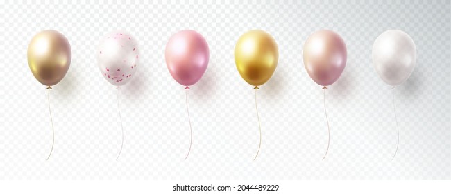 Conjunto de globos aislados en fondo transparente. Vector de oro realista, rosa, bronce, rosa dorado, blanco y plata festividad 3d globos de helio plantilla para aniversario, diseño de fiesta de cumpleaños