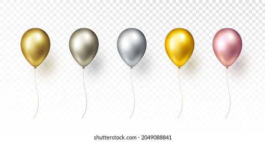 Balloon set isolated on transparent background. Vector realistic gold, black, bronze, metallic pink or golden rose and silver festive 3d helium balloons template for anniversary, birthday party design