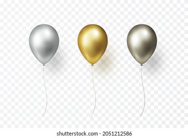 Balloon set isolated on transparent background. Vector realistic metallic golden black, gold bronze and silver festive 3d helium balloons template for anniversary, birthday party design