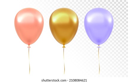 Balloon set isolated on transparent background. Realistic gold, pink, purple colorful festive 3d helium balloons template for anniversary, holiday, birthday party design. Vector illustration.