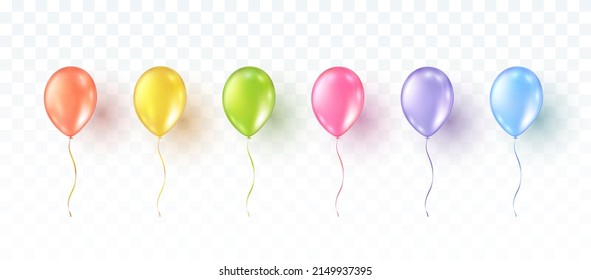 Balloon set isolated on transparent background. Vector realistic colorful festive 3d helium baloons template for anniversary, birthday party design